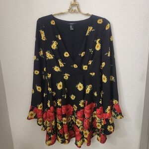 Early 2000s Forever 21 Black Dress with Red and Yellow Floral Design